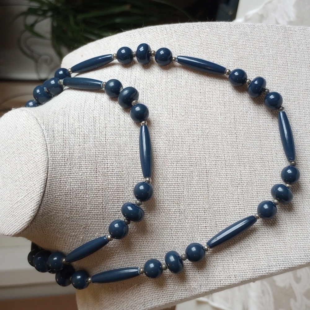 Vintage Navy Marine Blue Beaded and Silver Metal Spacer 30in Necklace